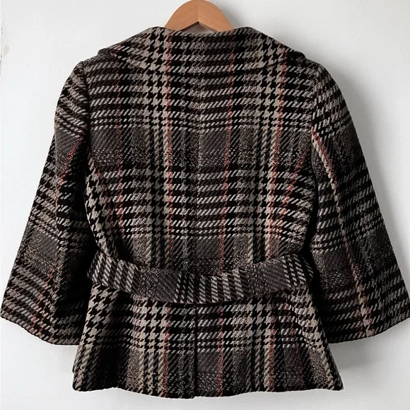Classiques Entier Cropped Houndstooth Plaid Wool Jacket Retro Boho Brown - Picture 3 of 13